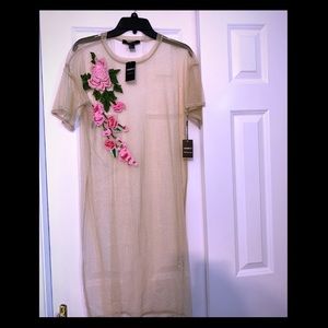 Long Gold Sheer Dress with Flower Detailing